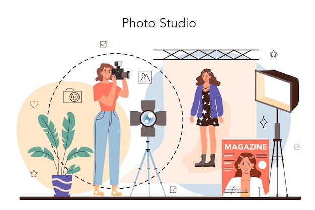 Koncepcja fotografa Profesjonalny fotograf z aparatem robiący zdjęcia w studio Zawód artystyczny i dziennikarstwo fotograficzne Izolowana płaska ilustracja wektorowa