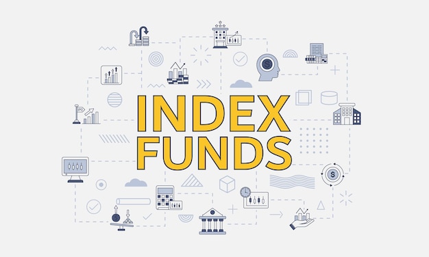 Plik wektorowy koncepcja funduszy indeksowych z zestawem ikon z dużym słowem lub tekstem na środkowej ilustracji wektorowej