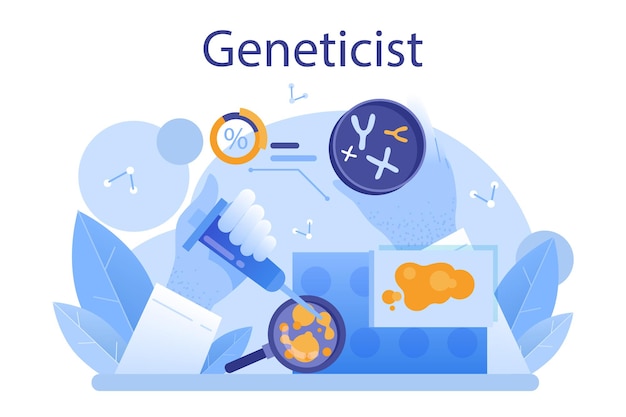 Koncepcja Genetyka. Medycyna I Technologia Naukowa. Naukowiec Pracuje Nad Strukturą Cząsteczki Dna. Analiza Testów Genetycznych I Zapobieganie Chorobom Genetycznym. Płaska Ilustracja Wektorowa