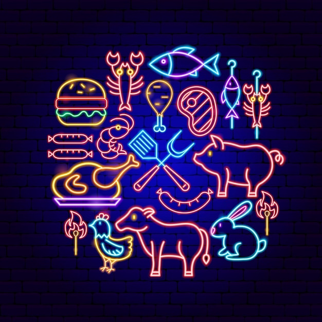 Koncepcja Grilla Neon. Ilustracja Wektorowa Promocji Bbq.