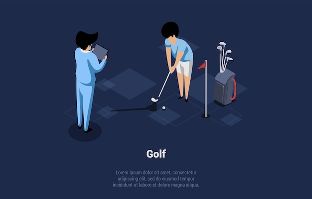 Plik wektorowy koncepcja gry w golfa i akademia sportowa gracz w golfa grający w mecz gracz wbijający piłkę do dziury za pomocą kija sędziowie i kibice oglądają grę izometryczne kreskówki 3d ilustracja wektorowa