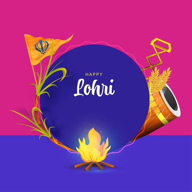 Koncepcja Happy Lohri Celebration Z Elementami Festiwalu, Takimi Jak Ognisko, Trzcina Cukrowa, Instrument Muzyczny, Flaga Sikhów