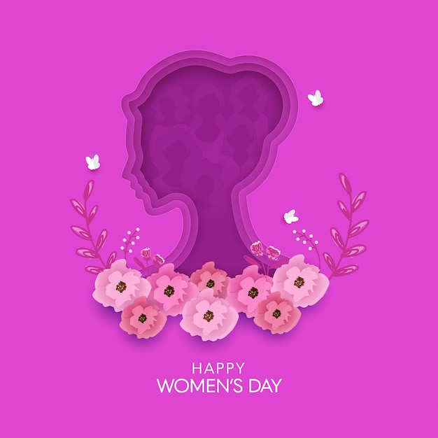 Plik wektorowy koncepcja happy women's day z warstwami papieru kobiecej twarzy ozdobione kwiatowymi motylami na fioletowym tle