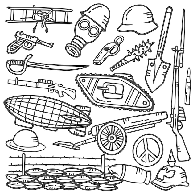Koncepcja historii I wojny światowej doodle ręcznie rysowane kolekcje z konturem czarno-biały styl ilustracji wektorowych