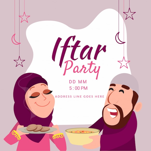 Koncepcja Iftar Party Z Ilustracją Islamskiej Pary I Jedzenie Z Imprezą Randkową I Venu