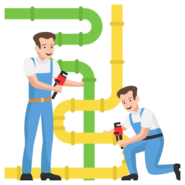Plik wektorowy koncepcja instalacji rurowej, dwóch mechaników instalujących rury do wektora przepływu cieczy, wyposażenie hydraulika
