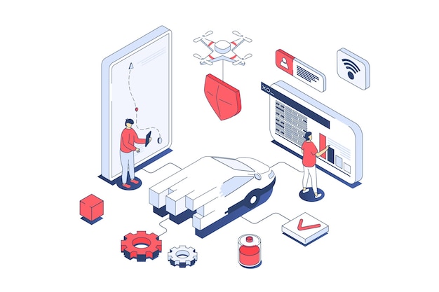 Koncepcja inteligentnego samochodu w projekcie izometrycznym 3D Mężczyźni zarządzający samochodem elektrycznym w aplikacji na telefon komórkowy tworzący trasy na mapie nawigacji online Ilustracja wektorowa ze sceną ludzi w izometrii dla grafiki internetowej