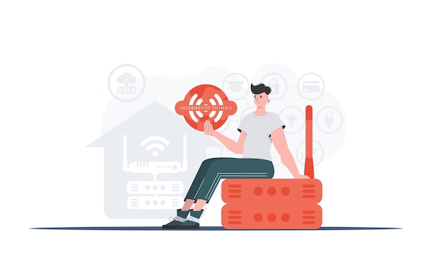 Koncepcja internetu rzeczy Mężczyzna trzyma w dłoniach logo internetu rzeczy Router i serwer Dobre dla stron internetowych i prezentacji Modny płaski styl ilustracji wektorowych