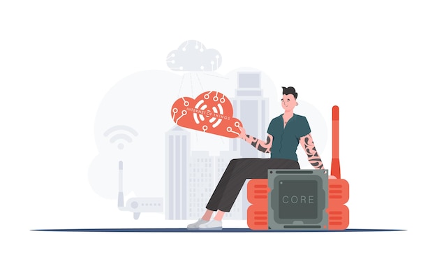 Koncepcja IoT Facet siedzi na routerze i trzyma w rękach logo Internetu rzeczy Ilustracja wektorowa
