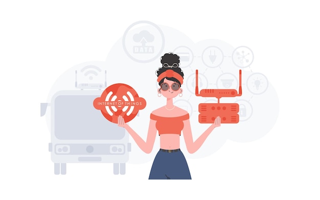 Koncepcja IoT Kobieta trzyma w dłoniach logo Internetu rzeczy Router i serwer Dobre do prezentacji i stron internetowych Ilustracja wektorowa w modnym płaskim stylu