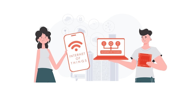 Koncepcja IoT Mężczyzna i kobieta to zespół w dziedzinie Internetu rzeczy Dobre dla stron internetowych i prezentacji Ilustracja wektorowa w modnym stylu płaski