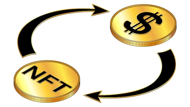 Koncepcja izometryczna obiegu NFT i dolara USD z czarnymi symbolami na złotych monetach i cyklicznymi strzałkami na białym tle. Rotacja niewymiennych tokenów i pieniędzy. Element projektu wektor.