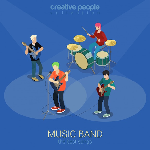 Koncepcja izometryczna zespół rockowy. Ludzie bawić się instrumenty muzycznych ilustracyjnych.