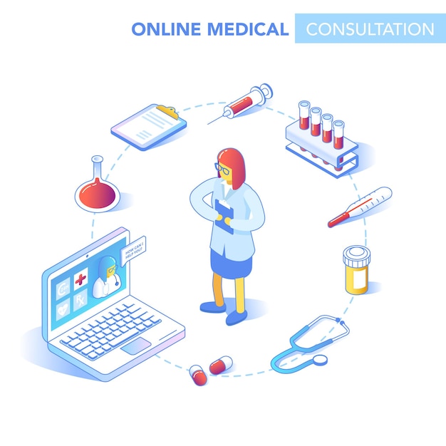 Koncepcja izometryczny Online opieki zdrowotnej. Konsultacje lekarskie, aplikacja diagnostyczna na komputerze, tablecie, smartfonie. Nowoczesna technologia medyczna z lekarzem. Ilustracja wektorowa