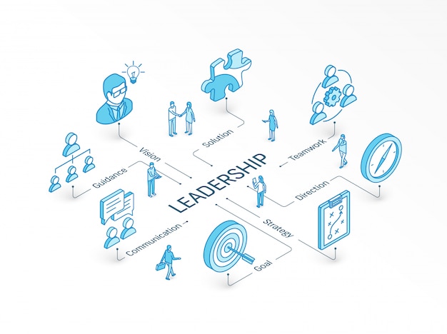 Koncepcja Izometryczny Przywództwa. Zintegrowany System Infografiki. Praca Zespołowa Ludzi. Symbol Wizji, Celu, Wskazówek I Strategii. Kierunek, Praca Zespołowa, Rozwiązanie, Piktogram Komunikacji