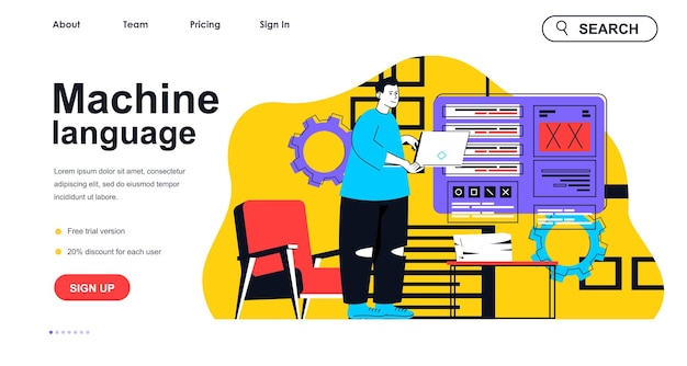 Koncepcja Języka Maszynowego Dla Szablonu Strony Docelowej Programista Udziela Instrukcji I Pracuje Na Laptopie Scena Ludzi Zajmujących Się Tworzeniem Oprogramowania Ilustracja Wektorowa Z Płaskim Projektem Postaci Na Baner Internetowy