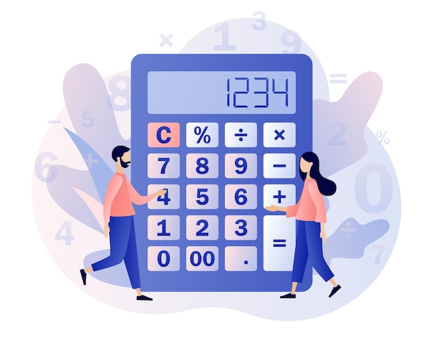 Plik wektorowy koncepcja kalkulatora mali ludzie z obliczeniami księgowość analityka finansowa księgowość