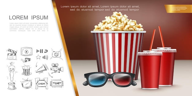 Koncepcja Kolorowego Kina Z Realistycznymi Kubkami Sodowymi W Okularach 3d W Paski Wiadro Popcornu I Ręcznie Rysowane Ikony Kina