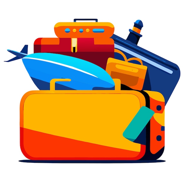 Plik wektorowy koncepcja kolorowego projektu bagażu podróżnego z otwartą torbą podróżną pełną ubrań i plaży