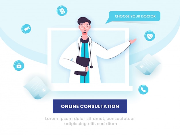 Koncepcja Konsultacji Online, Postać Lekarza Człowieka Na Ekranie Laptopa I Elementy Medyczne Na Niebieskim I Białym Tle.