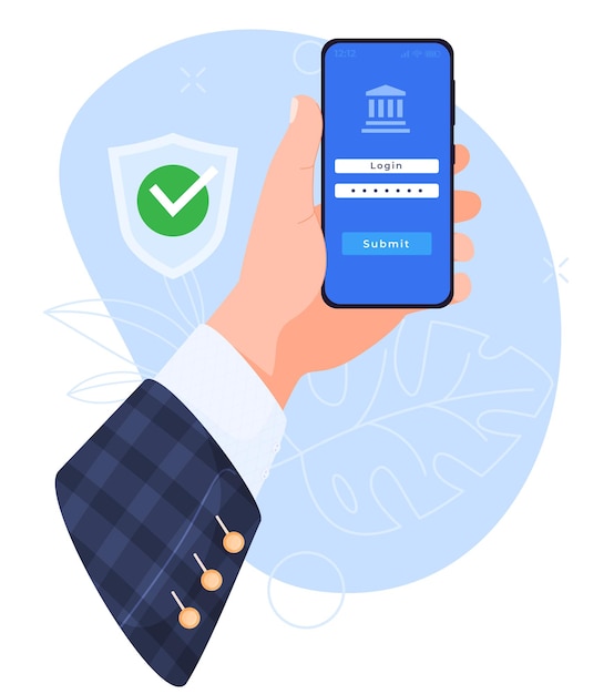 Koncepcja korzystania z telefonu smartphone w rękach zaloguj się do ilustracji ochrony danych bankowości mobilnej