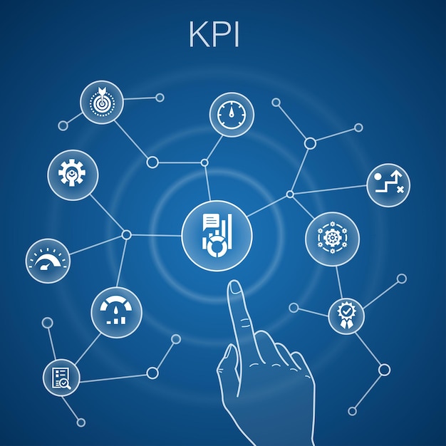 Koncepcja Kpi, Niebieskie Tło. Optymalizacja, Cel, Pomiar, Ikony Wskaźników