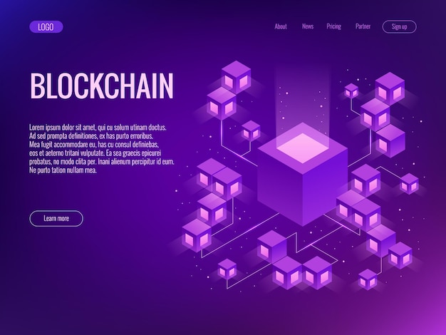 Koncepcja kryptowalut i Blockchain. Farma do wydobywania bitcoinów. Mainframe, zasilany serwer, koncepcja zaawansowanych technologii, centrum danych, przechowywanie danych w chmurze. Izometryczne ilustracji wektorowych