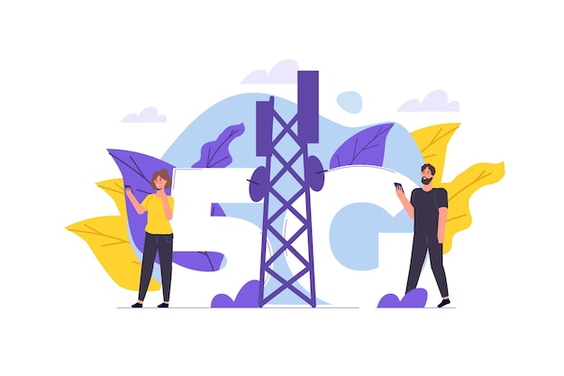 Koncepcja Małych Znaków W Technologii Bezprzewodowej Sieci 5g. Ilustracja Wektorowa.