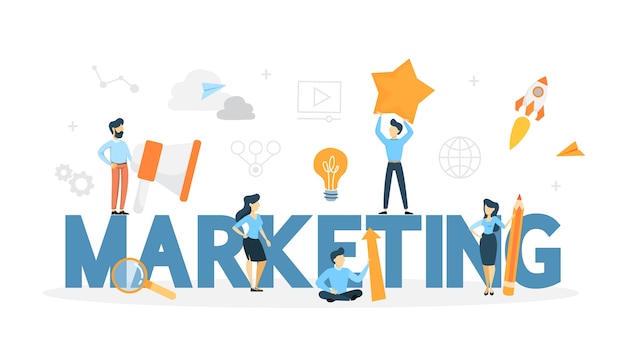 Koncepcja marketingowa. Promocja biznesu, komunikacja z klientem i reklama produktów online i offline. ilustracja linii