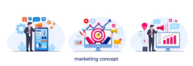 Koncepcja marketingowa strategia biznesowa cel pracy zespołowej biznes reklama płaski wektor ilustracja