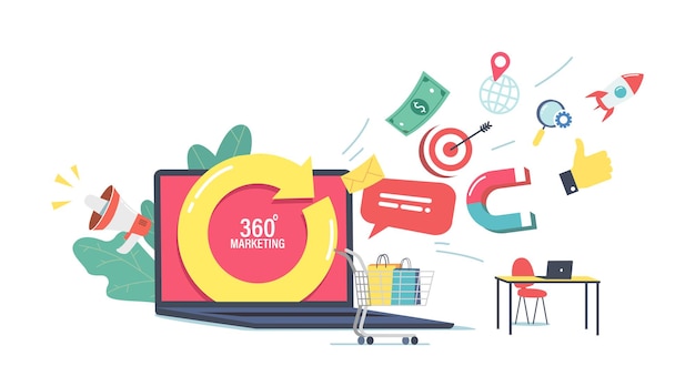 Koncepcja marketingu 360 stopni. Laptop z obracaniem strzałki i ikony mediów wylatujące z ekranu, koszyk z zakupami. Zarządzanie Internetem, Handel Elektroniką. Ilustracja kreskówka wektor
