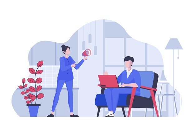 Koncepcja marketingu referencyjnego z kreskówkowymi ludźmi w płaskim projekcie dla sieci Kobieta i mężczyzna zapraszają publiczność online do dołączenia do programu referencyjnego Ilustracja wektorowa dla materiałów marketingowych banerów mediów społecznościowych