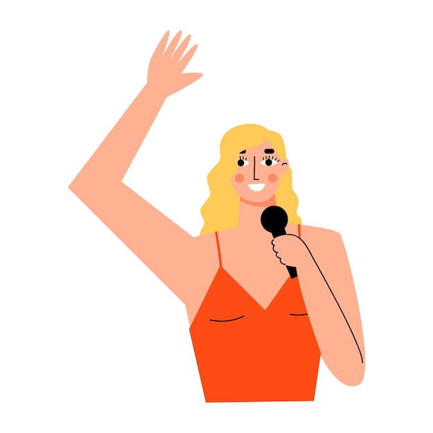 Plik wektorowy koncepcja mbti. aktywista postać. blondynka w czerwonej sukience z mikrofonem. płaska ilustracja wektorowa