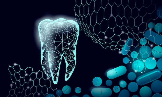 Plik wektorowy koncepcja medyczna kapsułki leku low poly. wybielająca opieka zdrowotna przy odbudowie szkliwa. ilustracja wektorowa wielokątne zdrowej stomatologii procedury.