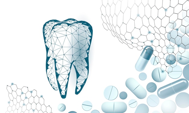 Plik wektorowy koncepcja medyczna kapsułki leku low poly. wybielająca opieka zdrowotna przy odbudowie szkliwa. ilustracja wektorowa wielokątne zdrowej stomatologii procedury.