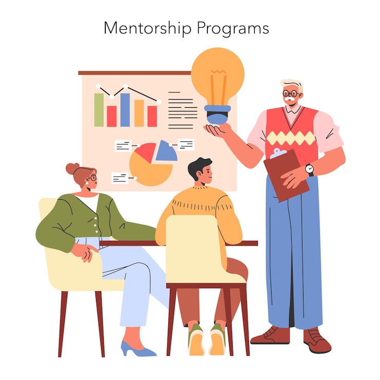Wektor koncepcja mentorstwa starszy mentor dzieli się wiedzą z młodymi profesjonalistami za pomocą narzędzi wizualnych i