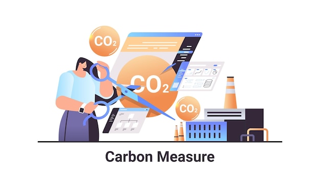 Koncepcja Miary Węgla Bizneswoman Z Nożyczkami Cięcie Dwutlenku Węgla Odpowiedzialność Za Strategię środowiskową Emisji Co2 Zrównoważony Rozwój Esg Pozioma Ilustracja Wektorowa