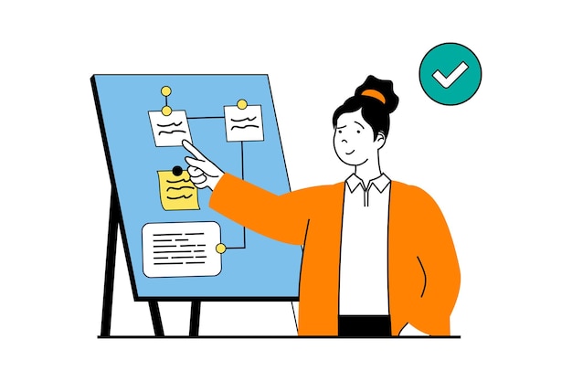 Koncepcja miejsca pracy produktywności ze sceną ludzi w płaskim projektowaniu stron internetowych Kobieta tworzy strategię procesu przepływu pracy na tablicy prezentacyjnej Ilustracja wektorowa dla materiałów marketingowych banerów w mediach społecznościowych