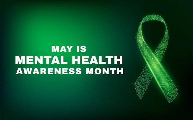 Koncepcja Miesiąca świadomości Zdrowia Psychicznego Szablon Transparentu Ze świecącą Zieloną Wstążką Ow Poly Ilustracja Wektorowa