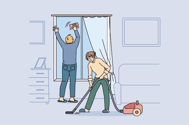 Plik wektorowy koncepcja mieszkania i sprzątanie. młoda para w domu ubrania czyszczenia okna i odkurzanie dywanów razem w domu w weekend ilustracji wektorowych