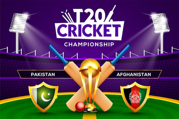 Koncepcja Mistrzostw Krykieta T20 Pakistan Vs Afganistan Nagłówek Meczu Lub Baner Z Piłką Do Krykieta, Batem I Zwycięskim Trofeum Na Tle Stadionu.