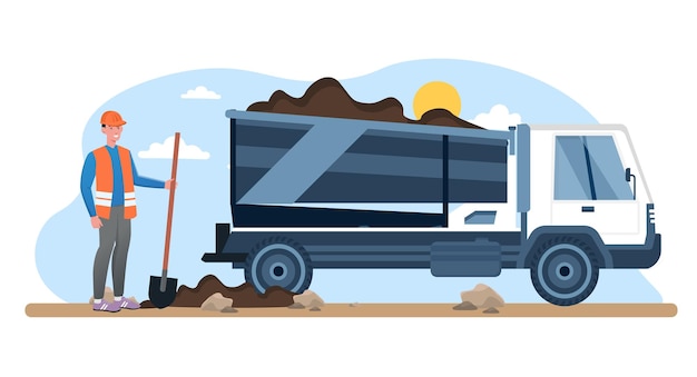 Plik wektorowy koncepcja naprawy drogi robotnik w hełmie i kamizelce wyrówna powierzchnię drogi obok kamieniołomu ciężarówek