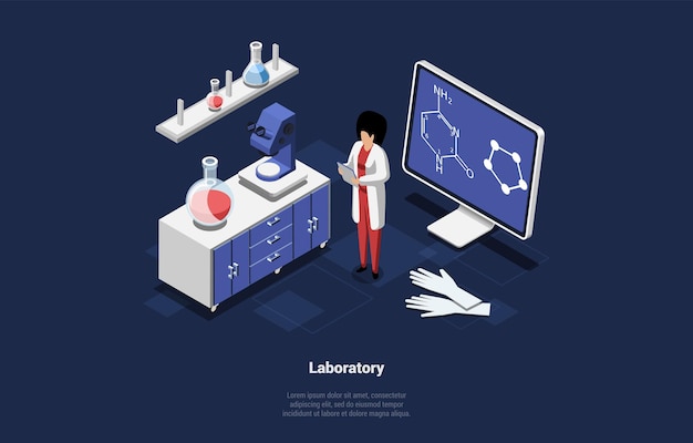 Koncepcja nauki i laboratorium pracy naukowiec kobieta w mundurze badania DNA za pomocą mikroskopu biotechnologii molekularnej i dokonywania eksperymentów w laboratorium izometryczny kreskówka 3d wektor ilustracja