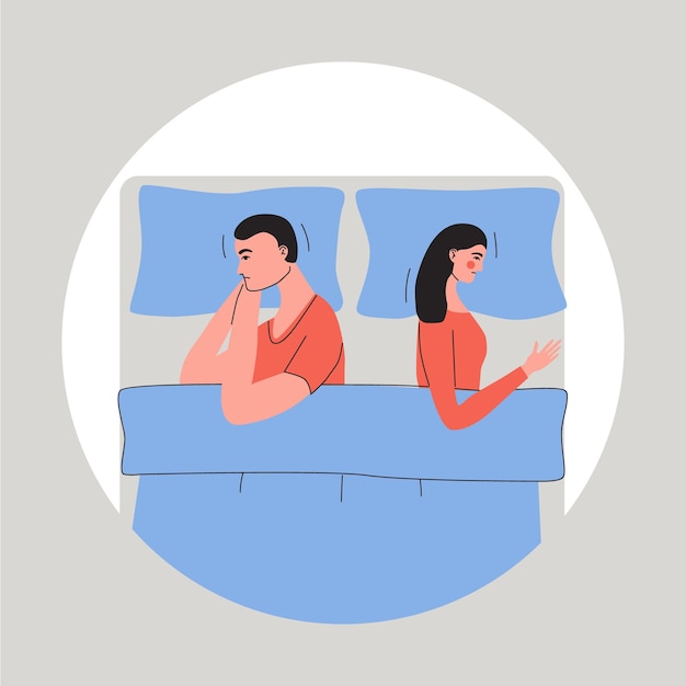 Koncepcja nieporozumień dotyczących problemów seksualnych lub małżeńskich Młoda para leżąca obok siebie na łóżku i ignorująca się Ilustracja wektora płaskiego