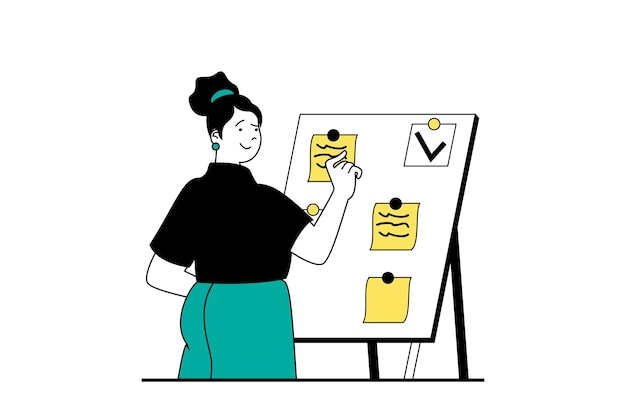 Koncepcja niezależna ze sceną ludzi w płaskim projektowaniu stron internetowych Kobieta pracuje jako freelancer i organizuje przepływ pracy za pomocą prezentacji z notatkami Ilustracja wektorowa dla materiałów marketingowych banerów w mediach społecznościowych