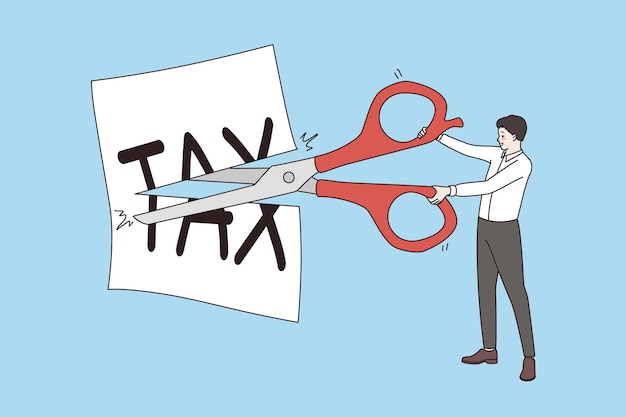 Koncepcja Obniżania I Cięcia Podatku. Biznesmen Stojący Z Nożycami Do Cięcia Podatku Napisany Na Białym Papierze, Zmniejszając Mniej Ilustracji Wektorowych