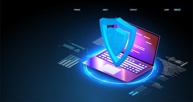 Koncepcja ochrony danych bezpieczeństwa na niebieskim laptopie. Izometryczny mechanizm ochrony cyfrowej, prywatność systemu. Zamek cyfrowy. Zarządzanie danymi. Cyberbezpieczeństwo i ochrona informacji lub sieci.