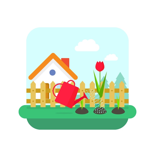 Koncepcja ogrodnicza płaska kreskówka z wiejskim domem i ogrodem z krajobrazem kwiatów