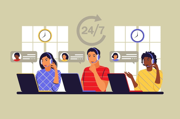 Koncepcja operatorów obsługi klienta. Doradztwo klientów 24 dla 7. Wirtualne call center, obsługa systemu telefonicznego. Ilustracja wektorowa. Mieszkanie
