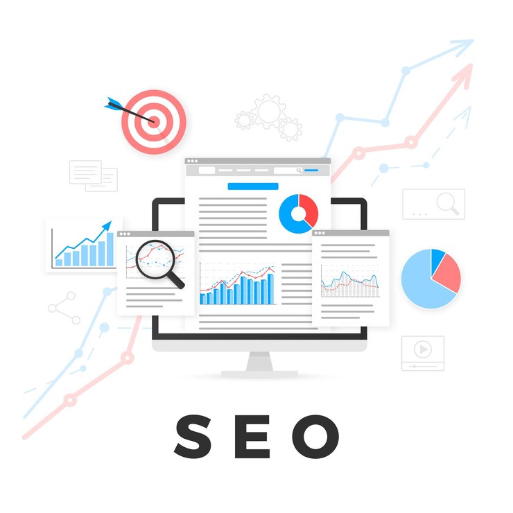 Wektor koncepcja optymalizacji seo optymalizacja pod kątem wyszukiwarek seo content marketing projektowanie analityki internetowej ilustracja wektorowa na białym tle